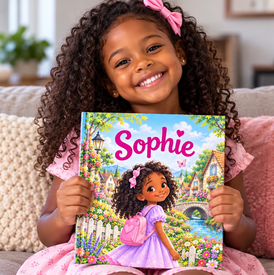 Girl holding a personalized book with the name Sophie