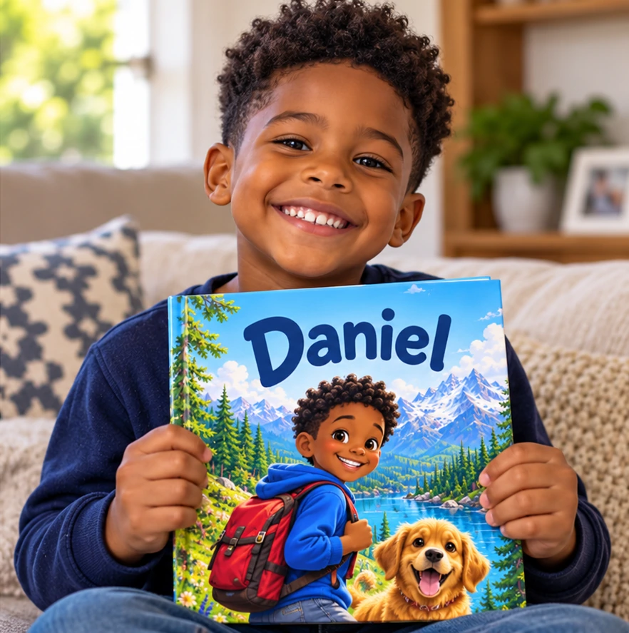 Boy holding a personalized book with the name Daniel