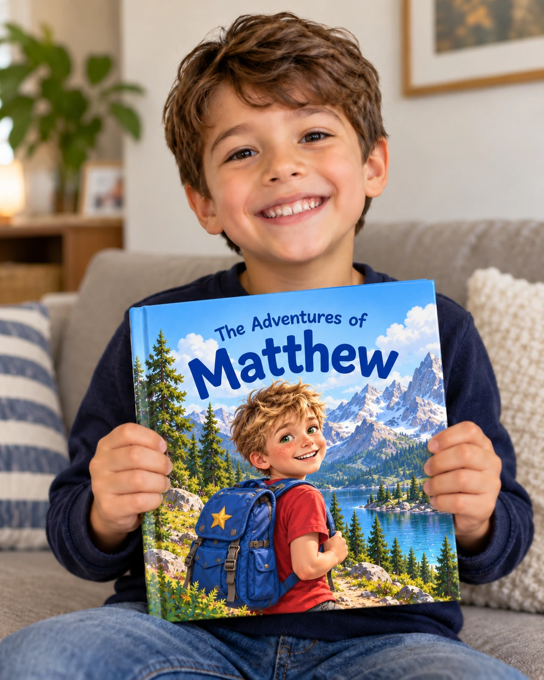 Boy holding a personalized book with the name Matthew