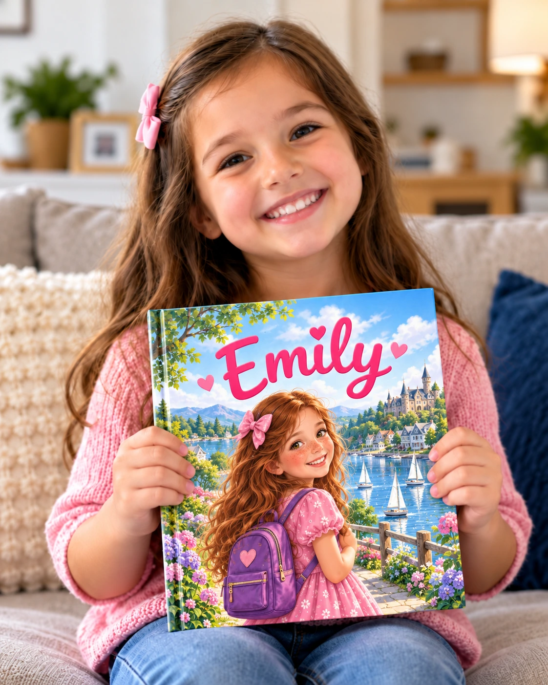 Girl holding a personalized book with the name Emily